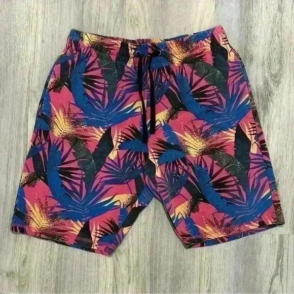 RF Brand Men’s 80s Inspired Retro Print Terry Drawstring Leisure Shorts Size M - Picture 1 of 7